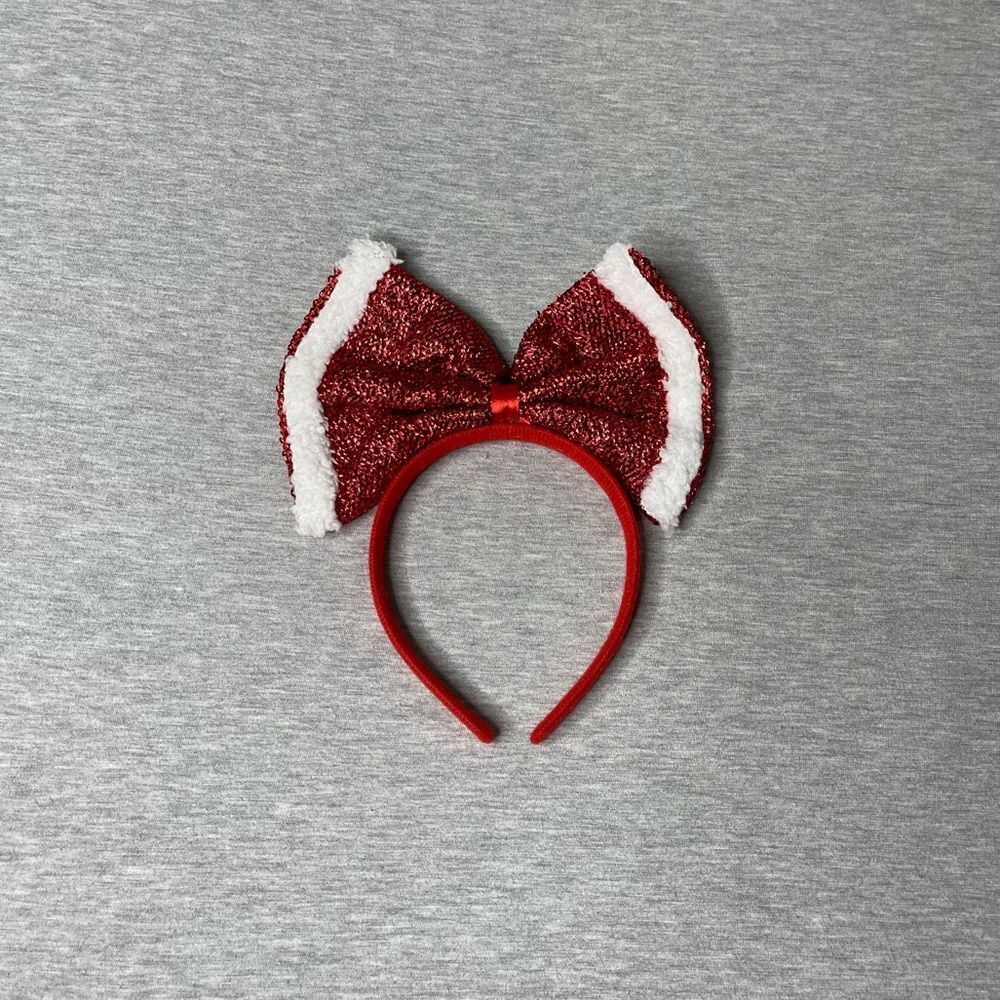 Red & White Christmas Santa Women's Fuzzy & Sparkly Big Bow Hair Headband